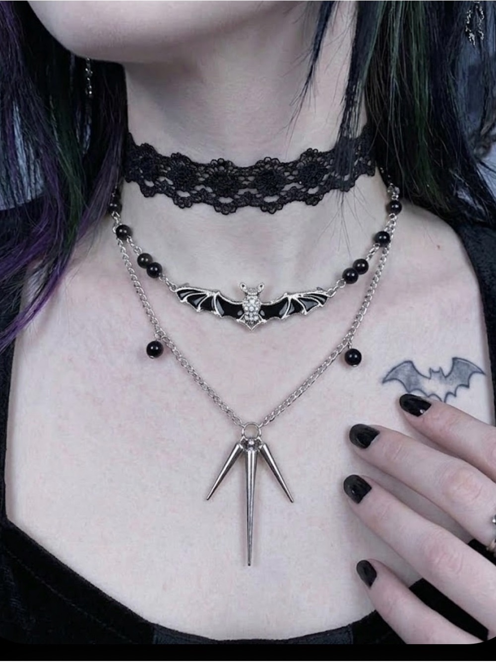 Hand Crafted Black Bat & Spike Layered Necklace Set